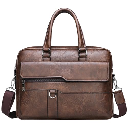 Men's Leather Laptop Bag 15 IN, Water-Resistant Briefcase Messenger Bag for Work, Business, Shoulder Crossbody Office Satchel - color: Deep Brown
