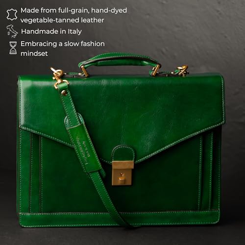 Time Resistance Leather Briefcase for Men - Business Laptop Bag - Italian Handmade Leather Bag - Attache - Gift Box Included - color: Green