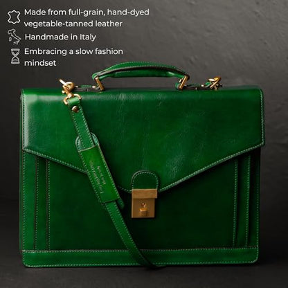 Time Resistance Leather Briefcase for Men - Business Laptop Bag - Italian Handmade Leather Bag - Attache - Gift Box Included - color: Green