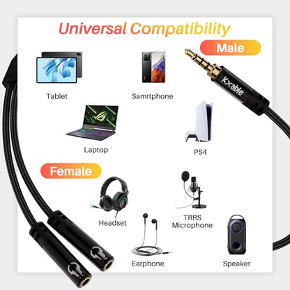 1/8inch Aux Headphone Splitter 2 Way Cable 3FT, 3.5mm 4-Pole Male to 2-Female Port Mic and Audio Stereo Y TRRS Adapter, Compatible with Headset Earphone PS4 Xbox PC Laptop MP3 players Phone Tablet - size: 3FT
