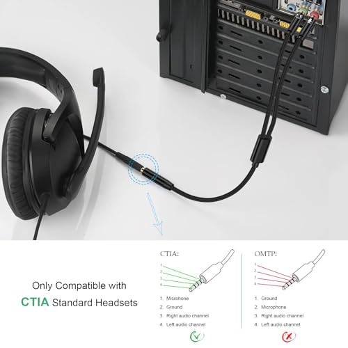 PC Headset Splitter Cable 3.5mm Mic AUX Audio Computer Headphone Microphone Splitter Compatible with Astro A10 A40, Turtle Beach, HyperX Cloud SteelSeries, Sennheiser, Razer Gaming Smartphone Headsets