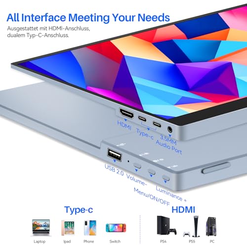 15.6 Inch Portable Monitor, FHD 1080P IPS 100% sRGB Full Function USB-C Ultra Slim Metal Bezel External Travel Screen with Stand & Carry Bag for Laptop Mac PC Phone PS4 PS5 Xbox Switch - size: 15.6inch NO Touch