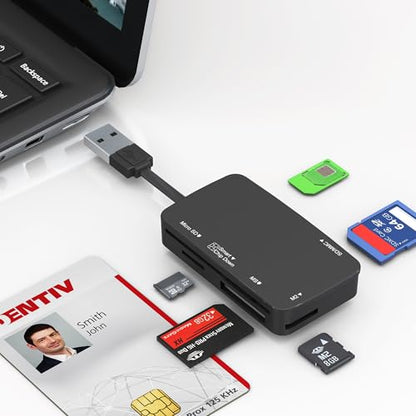 SIM Card Adapter - CAC Reader Military and Memory Card Adapter 7 in 1 SD/MMC/TF/Memory Stick Pro Duo/M2/IC/PIV/Chip/Smart Card/Standard SIM Reader for Computer Windows/Mac OS/Linux, Plug and Play