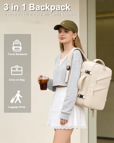 Capolo Travel Laptop Backpack Women Carry On Backpack Weekender Travel Bag | 25L Flight Approved,Waterproof Overnight Bag,College Bookbag,Work,3-4 Day Travel,Fits 17" Laptop (Large,Beige) - color: Beige, size: Large