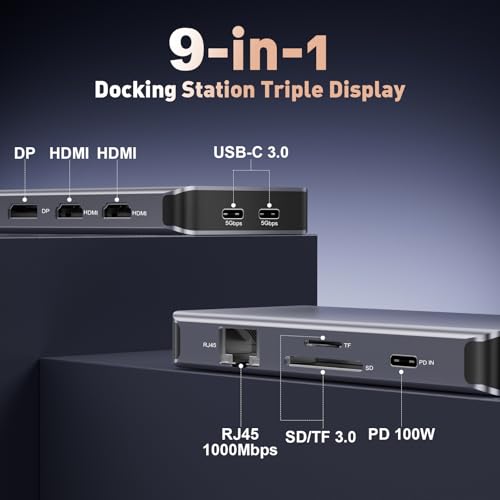 USB C Docking Station Dual Monitor, 9 in 1 Laptop Docking Station Triple Monitor, 4K@60Hz USB C Hub Dual HDMI and DisplayPort, 1000Mbps LAN, 5Gbps USB-C, 100W PD, SD/TF for HP/Dell/Laptop