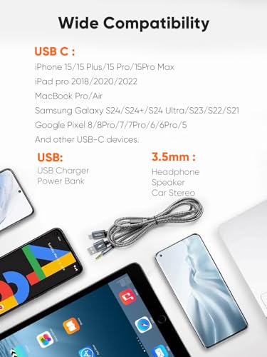 CableCreation USB C to 3.5mm Audio Cable with USB Charging Cable, Car Aux Cable, Type C to Aux Jack Headphone Car Stereo with 18W Charge for iPhone 16 15 Pro Max Plus, Galaxy S24/S23+, Pixel 9/8/7+ - style: USB C+3.5mm Audio+USB C Charging (Grey)