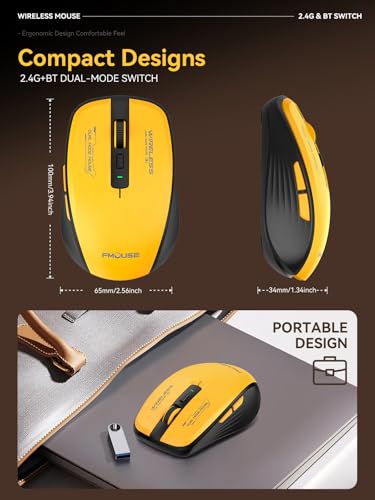 FMOUSE Wireless Mouse, Bluetooth & 2.4GHz Dual Mode, No Charging Needed (AA Battery), Silent Click, Side Shortcut Keys, 4-Level DPI, Compact for MacBook Laptop iPad PC – Yellow & Black - color: Yellow and Black