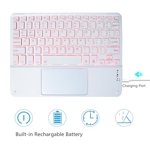 Wireless Backlit Bluetooth Keyboard with Touchpad,10 inch Ultra Slim 7Colors Backlit Portable Rechargeable Keyboard with Trackpad for IPad/IPad Pro iOS Android Tablets Windows Laptop PC(White) - color: white