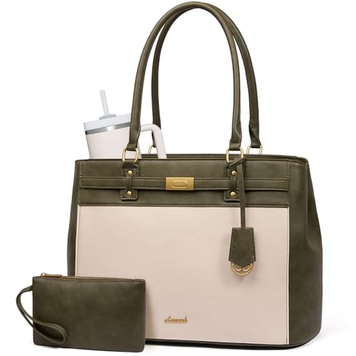 LOVEVOOK Laptop Tote Bag for Women, 17.3 Inch Waterproof Leather Work Computer Bag, Large Business Office Briefcase Shoulder Handbag Purse Gifts for Women - color: Green-white, size: Large