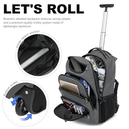Boavan Rolling Backpack,17 inch Water Resistant Wheeled Backpack,Carry on Luggage Business Bag, Overnight College Computer bag Trolley Suitcase for Men Women Adults to Travel，Grey - color: Grey, size: 17.3 inches