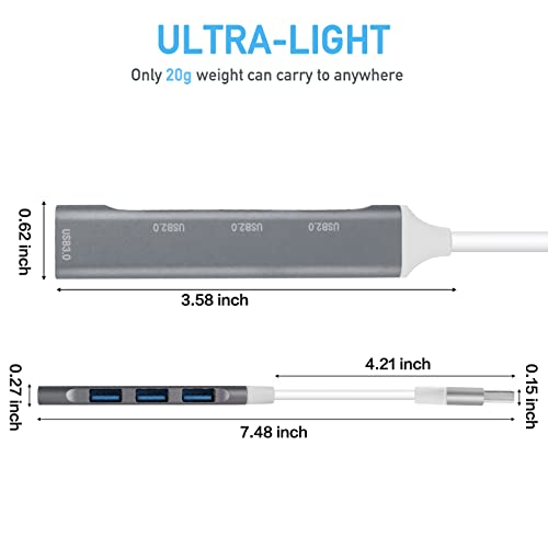 USB Hub 4-Port USB Hub Ultra-Slim Data USB Splitter Portable Aluminium Alloy Mini USB Hub Extensions Applicable for Laptop, MacBook, Mac Mini/Pro, Surface, Notebook PC, PS4, Flash Drive, Mobile HDD