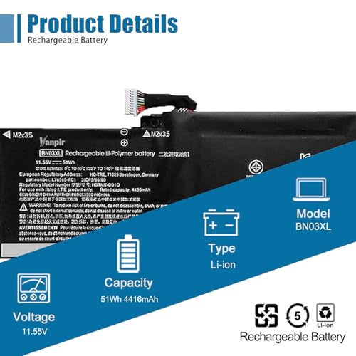 BN03XL Laptop Battery Replacement for HP Envy x360 15 2020 13-ba0010nr 13-ba0004nu 15-ed0000 15T-ED000 13-ay0378ng 13-ay0065AU 13-ay0001nc 15m-ee0013dx Series HSTNN-DB9N 11.55V 51Wh 4416mAh - size: 10.93*3.08*0.23 inch BN03XL