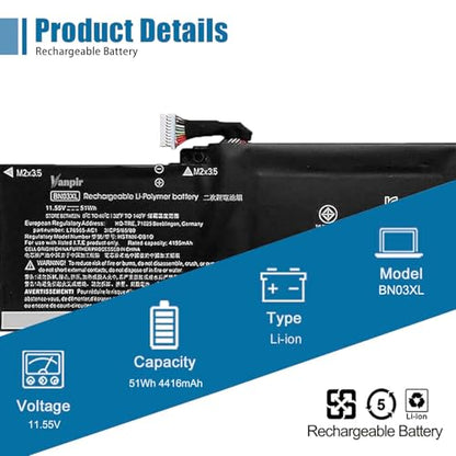 BN03XL Laptop Battery Replacement for HP Envy x360 15 2020 13-ba0010nr 13-ba0004nu 15-ed0000 15T-ED000 13-ay0378ng 13-ay0065AU 13-ay0001nc 15m-ee0013dx Series HSTNN-DB9N 11.55V 51Wh 4416mAh - size: 10.93*3.08*0.23 inch BN03XL