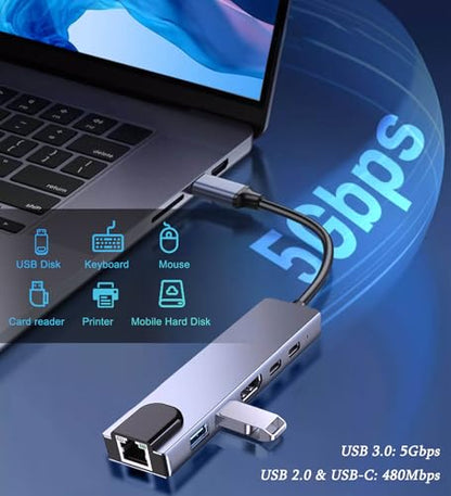 6 in 1 Type C to HDTV Adapter, USB C Hub with LAN Port, 4K HDMI Output USB C Adapter Compatible with MacBook Series, Chromebook, Laptop, Mouse, Keyboard, Flash Drive, Hard Disk