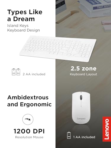 Lenovo 510 Wireless Combo with 2.4 GHz USB Receiver, Slim Full Size Keyboard, Full Number Pad, 1200 DPI Optical Mouse, Left or Right Hand, GX30W75336, White - color: White