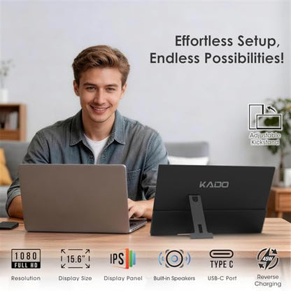 Kado Portable Monitor 15.6-Inch FHD 1920x1080 USB-C HDMI IPS Display | 45W Reverse Charging, Gaming Monitor Built-in Speakers, Second Display Kickstand for Laptop PC Phone Mac Xbox PS4/PS5 Switch - style: 1-Pack Single Set
