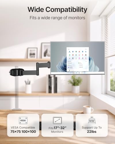 monTEK Universal Pole Monitor Arm 25 Inch Extra Long Reach - Single Desk Mount for 17-32 inch Screens, Steel Full Motion Mount, VESA 75/100mm, 636mm Extension - size: 27" Long Arm