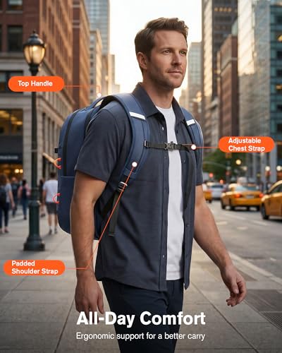 Tolaccea 30L Travel Laptop Backpack TSA Carry-On for Business Trips Commute | 100% RPET Recycled Fabric | EVA-cushioned Laptop Protection | TSA 180° Lay-flat Opening | Reinforced Stability Base Panel - color: Navy