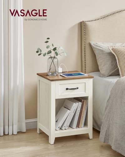 VASAGLE LIRY Collection - Farmhouse Nightstand with Charging Station, Bedside Table, Side Table with Drawer, Open Compartment, for Bedroom, Rustic White and Honey Brown ULET659K41 - color: Rustic White + Honey Brown, size: 1 PACK, style: 17.7"W x 23.6"H W