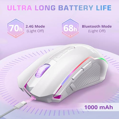 Redragon Wireless Gaming Mouse, Tri-Mode 2.4G/USB-C/Bluetooth Mouse Gaming, 12000 DPI, RGB Backlit, Fully Programmable, Rechargeable Wireless Computer Mouse for Laptop PC Mac, White - color: White, style: Bluetooth/ 2.4G/ Wired