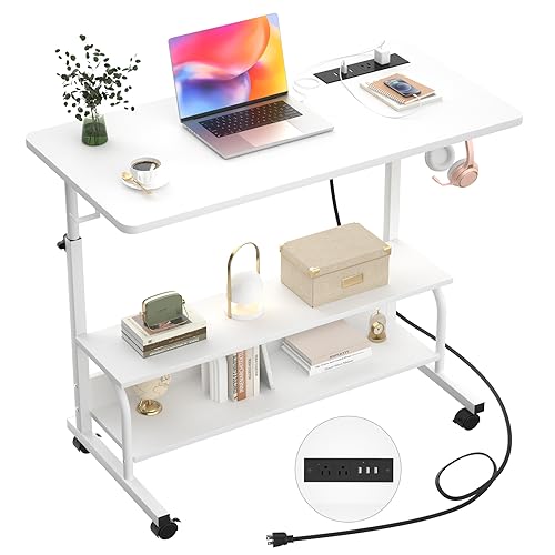 32" Rolling Standing Desk with Charging Station for Couch Bed | Height Adjust 27.5-41", 2 AC/3 USB, Mobile 4 Lockable Wheels, 2-tier Shelves Hook, Safe Corner Fast Assembly - color: White, size: 32''