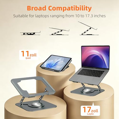 Adjustable Laptop Stand for Desk, Laptop Riser with 360 Rotating Base, Ergonomic Laptop Holder for Desk, Foldable Portable for Office & Home Compatible with MacBook Air Pro, Dell, HP (10-17.3'')