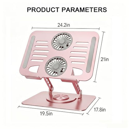 Laptop Stand with Cooling Fan, 360° Rotating Base Aluminum Laptop Riser, Foldable Ergonomic Computer Stand for Desk, Height Adjustable Notebook & All Laptops Up to 17.3" (Pink) - color: Pink