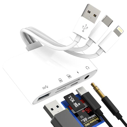 USB Lightning USB C HUB(5 in 1)OTG 3.0 Adapter SD Card Reader 3.5mm Headphone Converter for iPhone 16 15 14 for Apple for iPad Micro SD Memory Stick Type C Charging Port Dongle External Storage Laptop