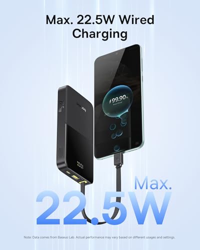 Baseus Portable Charger, 10000mAh Fast Charging Power Bank, 22.5W PD3.0 QC3.0 Battery Pack Built-in USB C Braided Cable, Travel Essentials for iPhone 17 16 15, iPad, S25/S24, Indoor/Outdoor, Travel