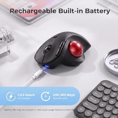 seenda Wireless Trackball Mouse, Ergonomic Bluetooth Mouse,Black&Red | USB-C rechargeable, 3-device Bluetooth+2.4G USB, thumb control, 5-level DPI and space-saving comfort for laptop, PC and Mac. - color: Black with Red ball