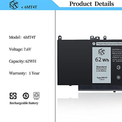 62Wh 6MT4T 7V69Y Laptop Battery for Dell Latitude 14 5470 E5470 15 5570 | TXF9M 79VRK 07V69Y 0HK6DV 079VRK 0TXF9M for E5570 Notebook 15.6 inch Precision 15 3510 Series M3510 0C1P4 451-BBUN 451-BBTW - size: 11.81*4.25*1.85 inch 6MT4T