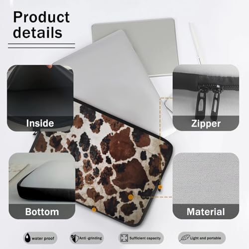 Brown Cow Hide Print Laptop Sleeve, Laptop Bag Computer Cover Portable Zipper Protective Tablet Carrying Case Fits 10''12''13''15''17'' Inches Notebook Sleeves Briefcase - color: Brown Cow Hide Print, size: 10 Inch