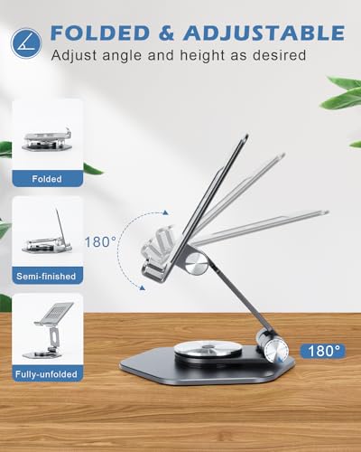 Tablet Stand, Aluminum Desktop Holder, Compatible with 5-12.9" iPad, Grey | 360° Swivel Adjustable Viewing Angles; Sturdy All-Aluminum Design Improve heat dissipation; Foldable and Storage; - color: Grey