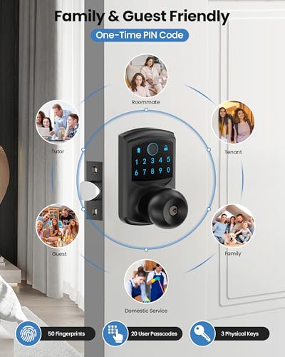 Smart Fingerprint Keyless Entry Door Knob Keypad Electronic Biometric Lock | 20 User Codes 50 Fingerprints Vacation & Passage Mode One-Time Code 2 Keys Auto-lock 2-99s Anti-peep Fits U.S. Standard Door - size: HL-669FK Matte Black