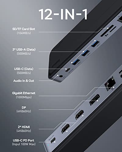 Baseus Laptop Docking Station, 4K Multitasking Docking Station with 2 HDMI+DP, PD, 3 USB-A, RJ45, Audio, TF/SD Card Reader, USB Hub Compatible for MacBook/Dell/HP/Surface/Lenovo