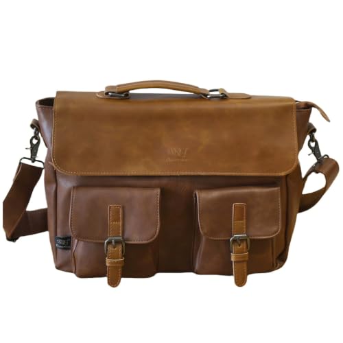 Leather Messenger Bag for Men, Leather Laptop Shoulder Satchel Bag, Vintage Briefcase for Office Travel Work - color: Brown-2 Pockets