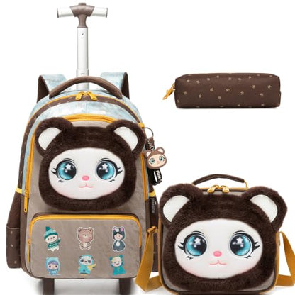Meetbelify Rolling Backpack for Girls Backpacks with Wheels for Elementary Student Kids School Travel Bag for Girls Ages 6-8 Years Old - color: Brown