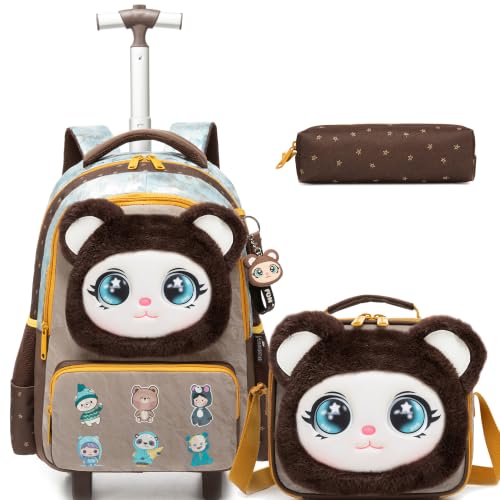 Meetbelify Rolling Backpack for Girls Backpacks with Wheels for Elementary Student Kids School Travel Bag for Girls Ages 6-8 Years Old - color: Brown