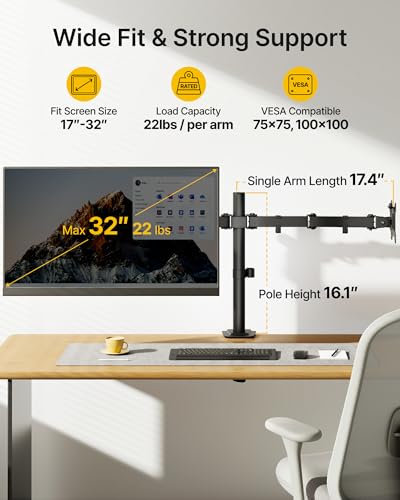 monTEK Heavy-Duty Dual Monitor Stand for 17-32", 22 lbs Each | Adjustable dual monitor mount, full-motion arms, clamp/grommet bases, cable management and VESA 75/100 - size: Dual Monitor