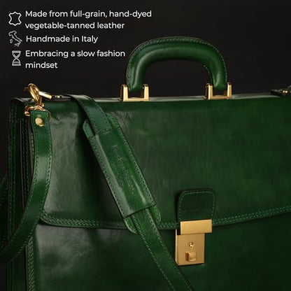 Time Resistance Leather Briefcase - Italian Handmade Leather Laptop Bag - Handbag for Men - Professional Computer Case - color: Green