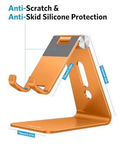 OMOTON Adjustable Cell Phone Stand, Aluminum Desktop Cellphone Stand with Anti-Slip Base and Convenient Charging Port, Fits All Smart Phones, Orange | Sturdy 3mm Aluminum, Charging Port, 270° Adjustable, Non-Slip Silicone Pads, Works with Thick Cases, for