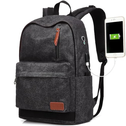 Canvas Laptop Backpack, Waterproof School Backpack With USB Charging College - color: Black