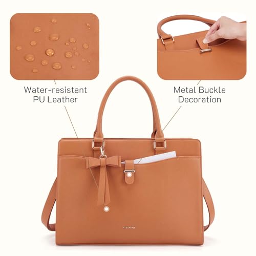 Missnine Laptop Tote Bag for Women 15.6 Inch Leather Work Bags Teacher Computer Purse Briefcase Handbag for Office, Travel - color: Bow Brown