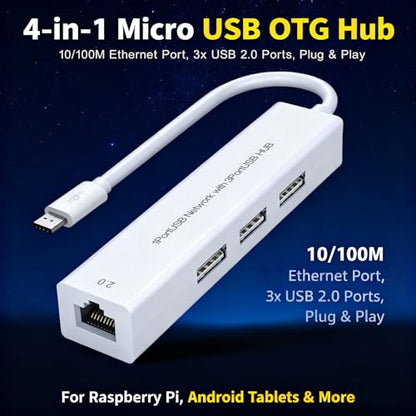 4-in-1 Micro USB OTG Adapter Hub with 3 USB Ports and 1 Ethernet Adapter, Reliable Data Sync for Raspberry Pi Zero/2W, Older Android Tablets, Nvidia Shield K1, Fire TV Cube Gen 2 - style: 1 Ethernet Adapter and 3 USB Ports