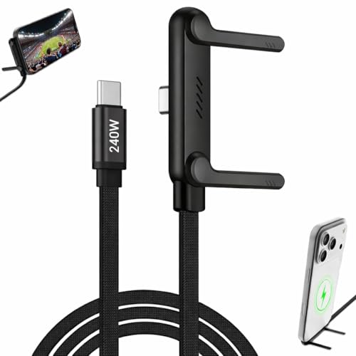KEMVEX 240W USB C to USB C Data Cable with Built-in Phone Stand, 90° Right Angle Braided Fast Charging Cord, PD 3.1 Charger for iPhone 15 16 17, iPad, MacBook, Laptop, 5FT