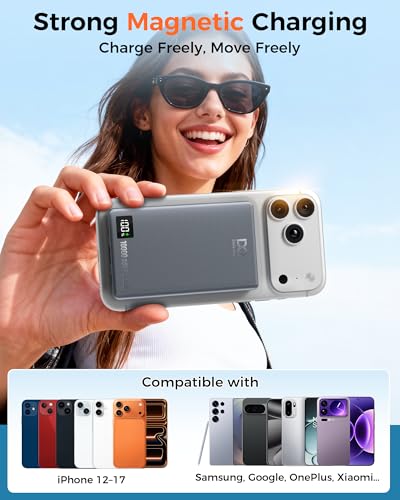 Magnetic Power Bank 10000mAh, PD 35W Fast Charging Portable Charger, Gray | with Smart Digital Display, Slim Wireless Battery Pack for iPhone 17/16/15/14/13/12, Samsung & Android, Charge 4 Devices - color: Gray Blue