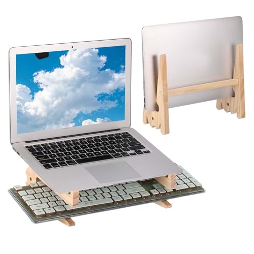 PATIKIL Wooden Laptop Stand, 1 Pack Dual-Use Laptop Stand Vertical Pine Wood Anti-Slip Ventilated Space-Saving Notebook Riser for 10-15 Inch Desk Tablets, Koi-Shaped - size: 10-15 Inch