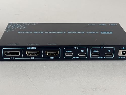 2 Laptops 3 Monitors KVM Switch 2 Port MST Dual USB-C Docking KVM Switches Triple Monitor Support Max 10Gbps USB Transfer Dual 4K@60Hz & One 1080P@60Hz Video Output, 100W PD Charging