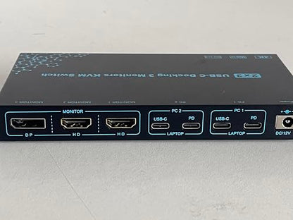 2 Laptops 3 Monitors KVM Switch 2 Port MST Dual USB-C Docking KVM Switches Triple Monitor Support Max 10Gbps USB Transfer Dual 4K@60Hz & One 1080P@60Hz Video Output, 100W PD Charging