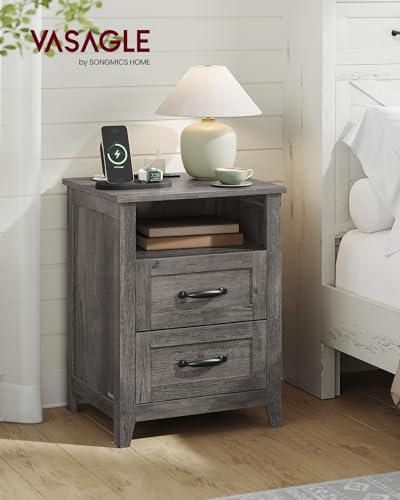 VASAGLE LIRY Collection - Farmhouse Nightstands with Charging Station, Set of 2 Bedside Tables, Side Tables with 2 Drawers, Open Compartment, for Bedroom, Misty Gray ULET869G01 - color: Misty Gray, size: 2 PACK, style: 17.7"W x 23.6"H With 2 Drawers